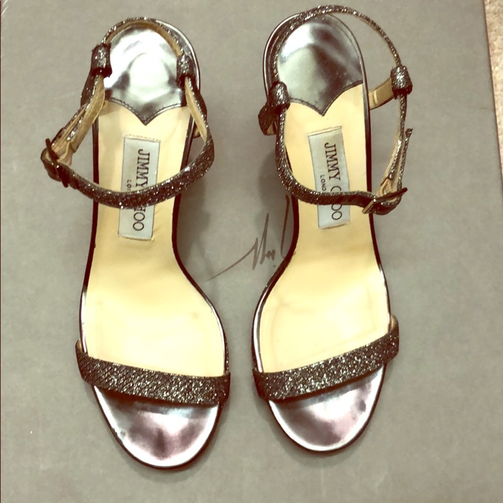 Authentic Jimmy choos silver metallic strap heels